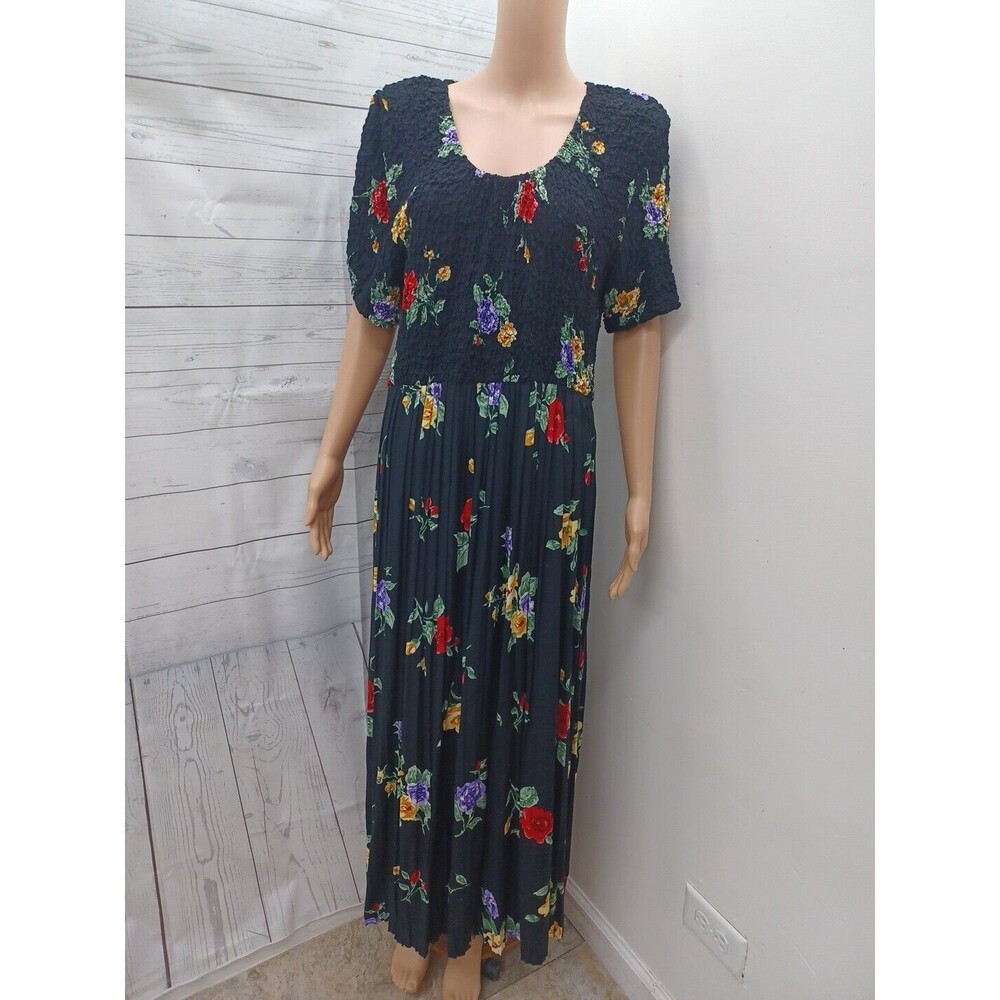 Vintage Jeffrey & Dara Womens Black  Floral Midi Dress Pleated Size 10